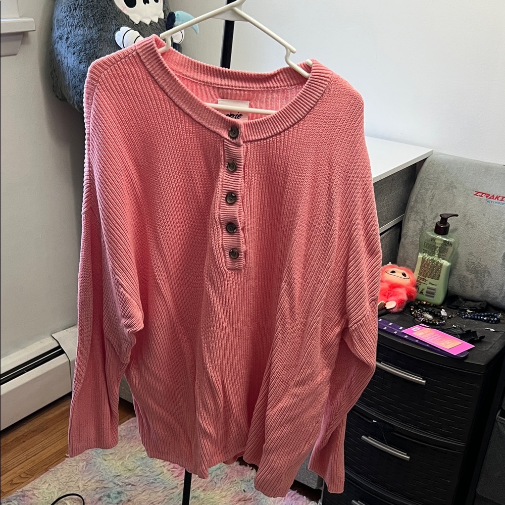 NWOT Aerie Oversized Pink Ribbed Henley Button Sweater